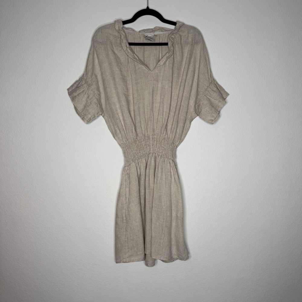 Finley Dress Natural Linen Short Sleeve Smocked Waist Ruffle Detail Size M